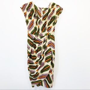 Nieves Lavi Cream Midi Dress with Green, Purple & Orange Leaf Print